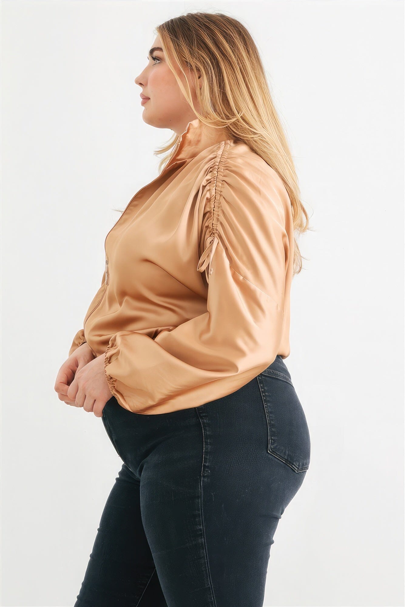 Plus Satin Zip-up Ruched Long Sleeve Cropped Bomber Jacket Outerwear jehouze 