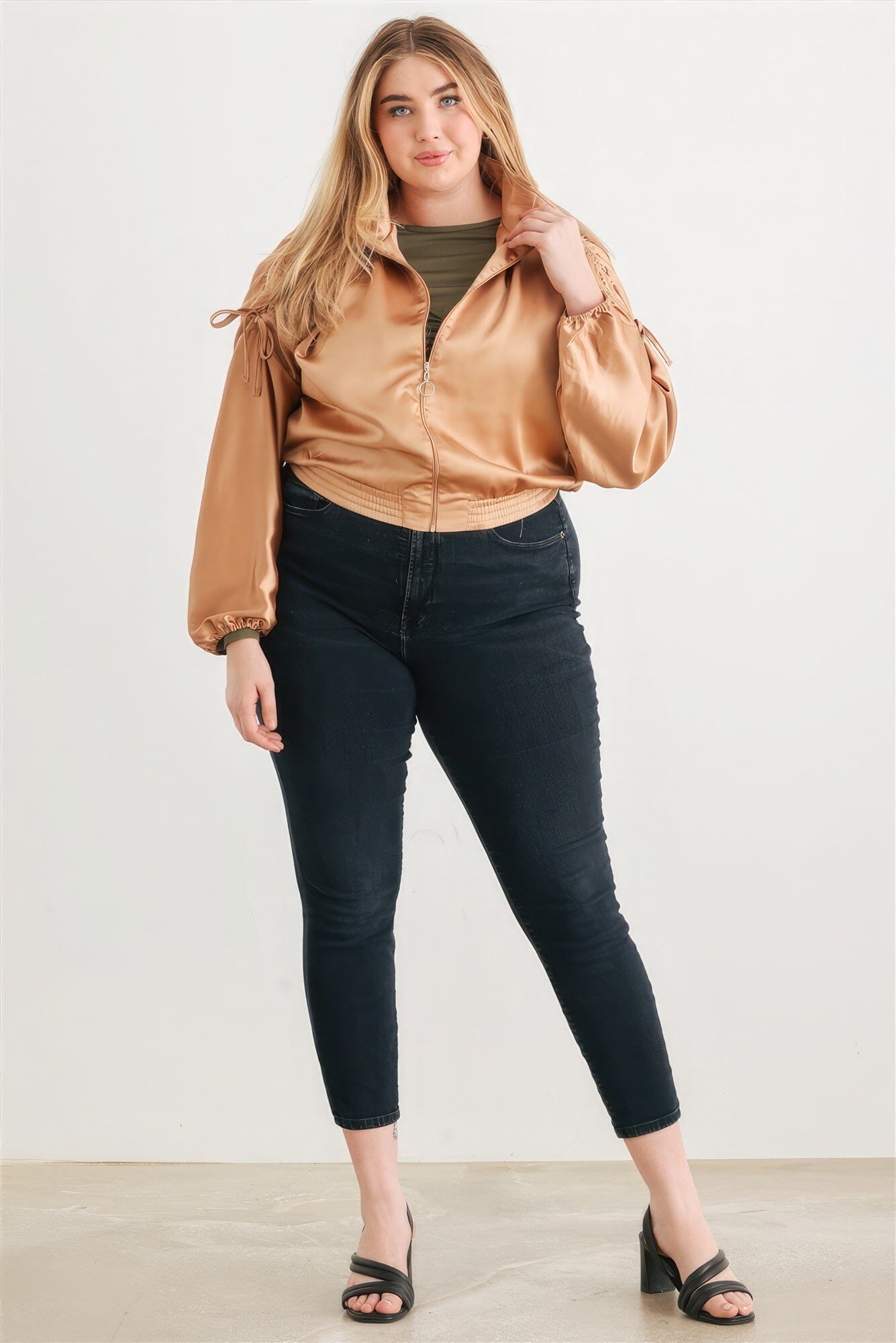 Plus Satin Zip-up Ruched Long Sleeve Cropped Bomber Jacket Outerwear jehouze 