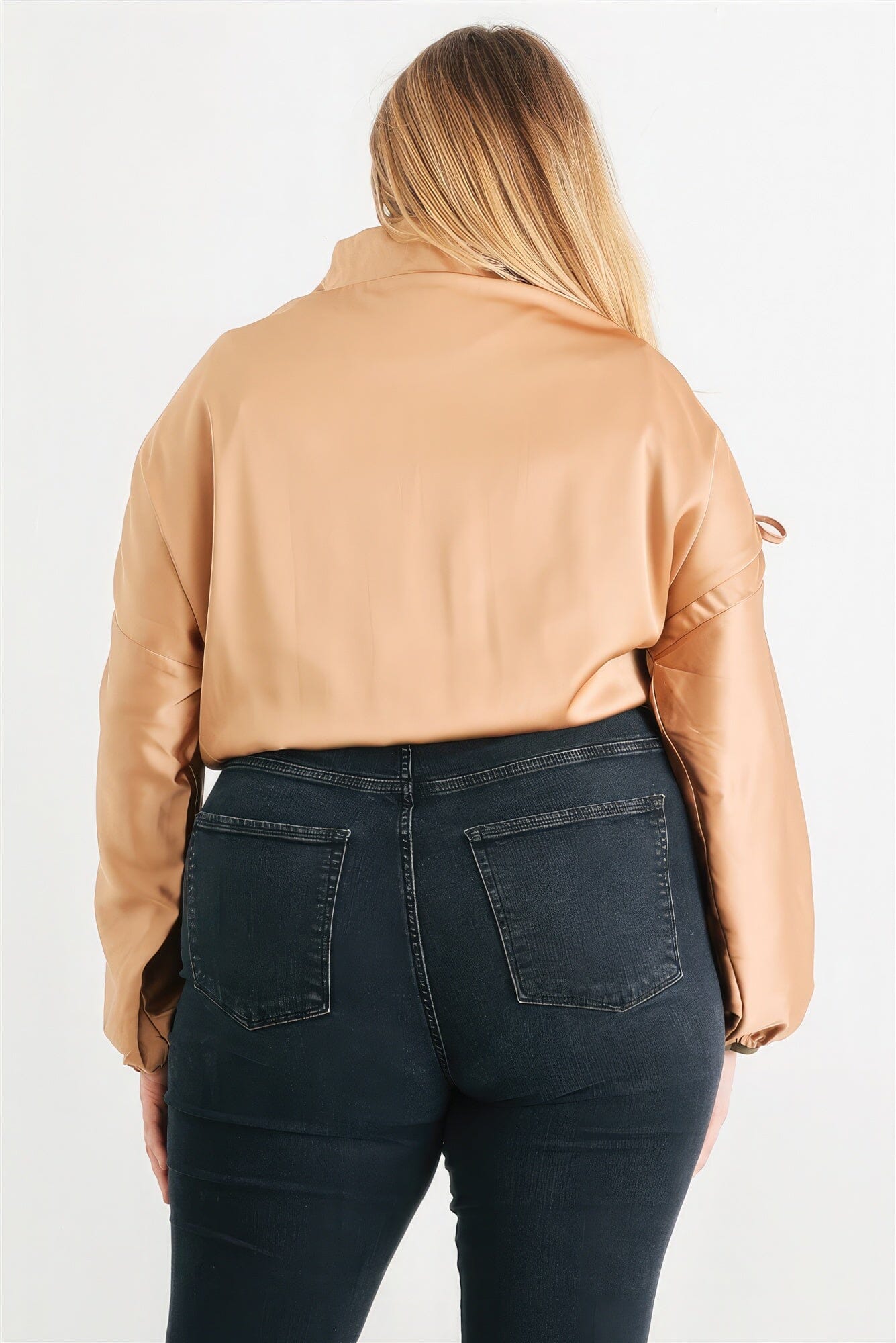 Plus Satin Zip-up Ruched Long Sleeve Cropped Bomber Jacket Outerwear jehouze 