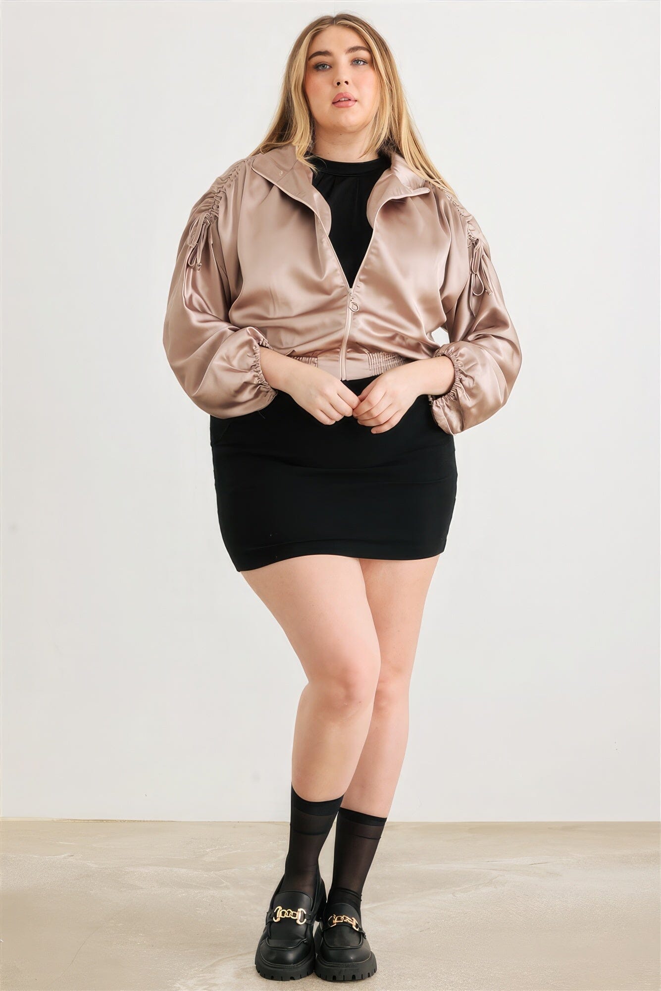 Plus Satin Zip-up Ruched Long Sleeve Cropped Bomber Jacket Outerwear jehouze 