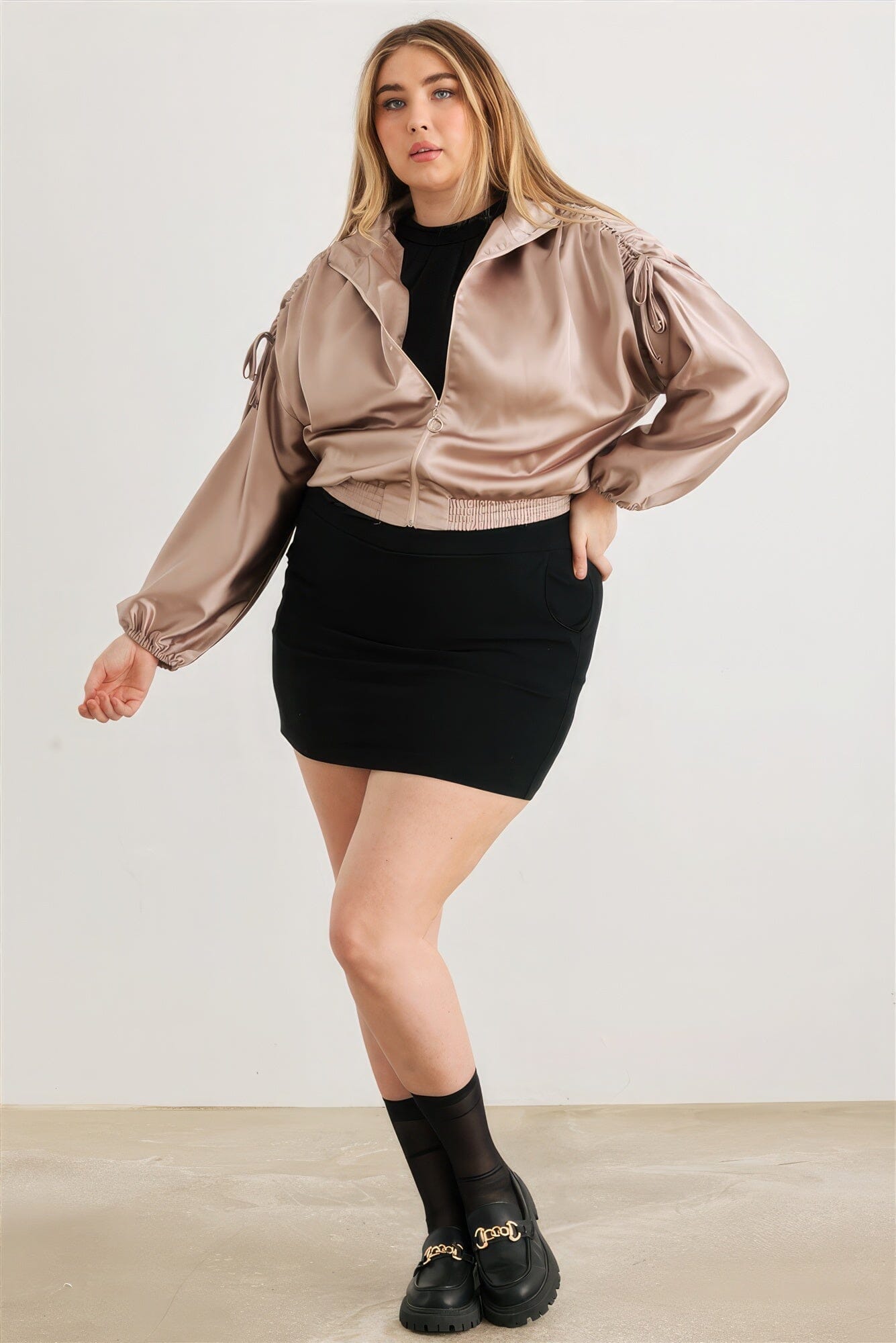 Plus Satin Zip-up Ruched Long Sleeve Cropped Bomber Jacket Outerwear jehouze 