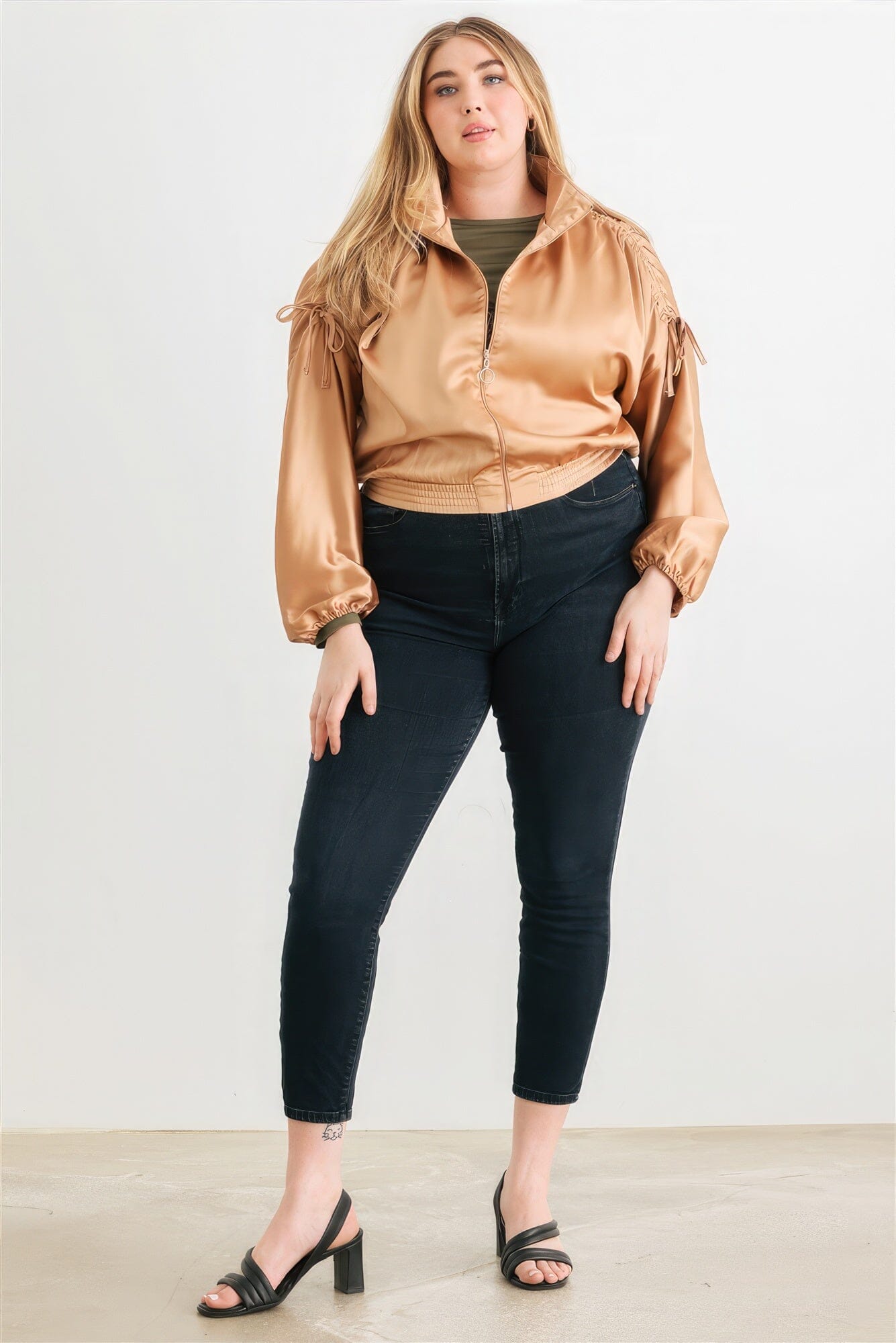 Plus Satin Zip-up Ruched Long Sleeve Cropped Bomber Jacket Outerwear jehouze 