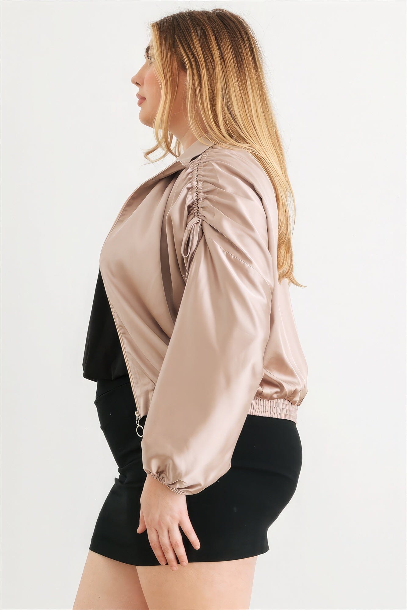 Plus Satin Zip-up Ruched Long Sleeve Cropped Bomber Jacket Outerwear jehouze 