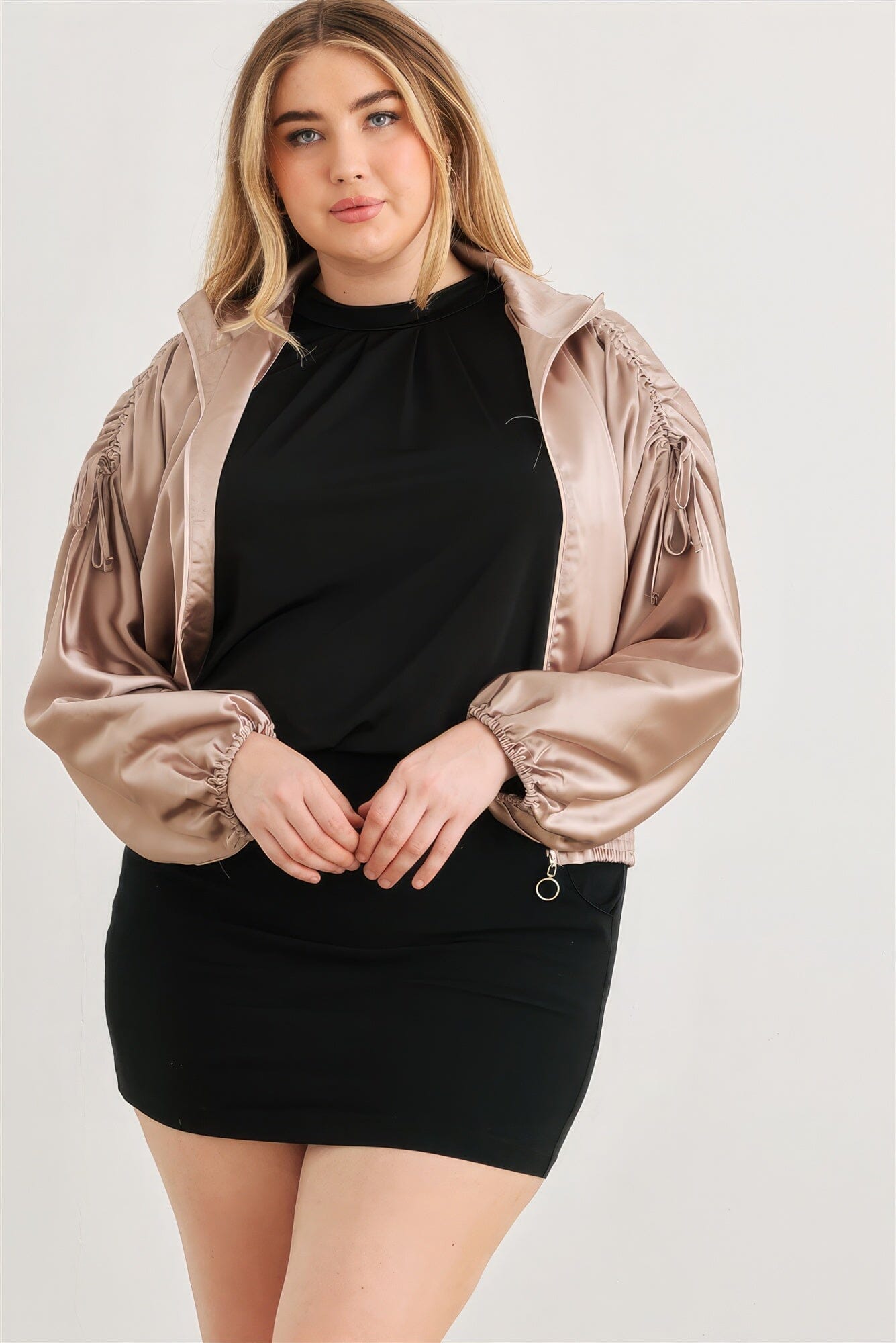 Plus Satin Zip-up Ruched Long Sleeve Cropped Bomber Jacket Outerwear jehouze 