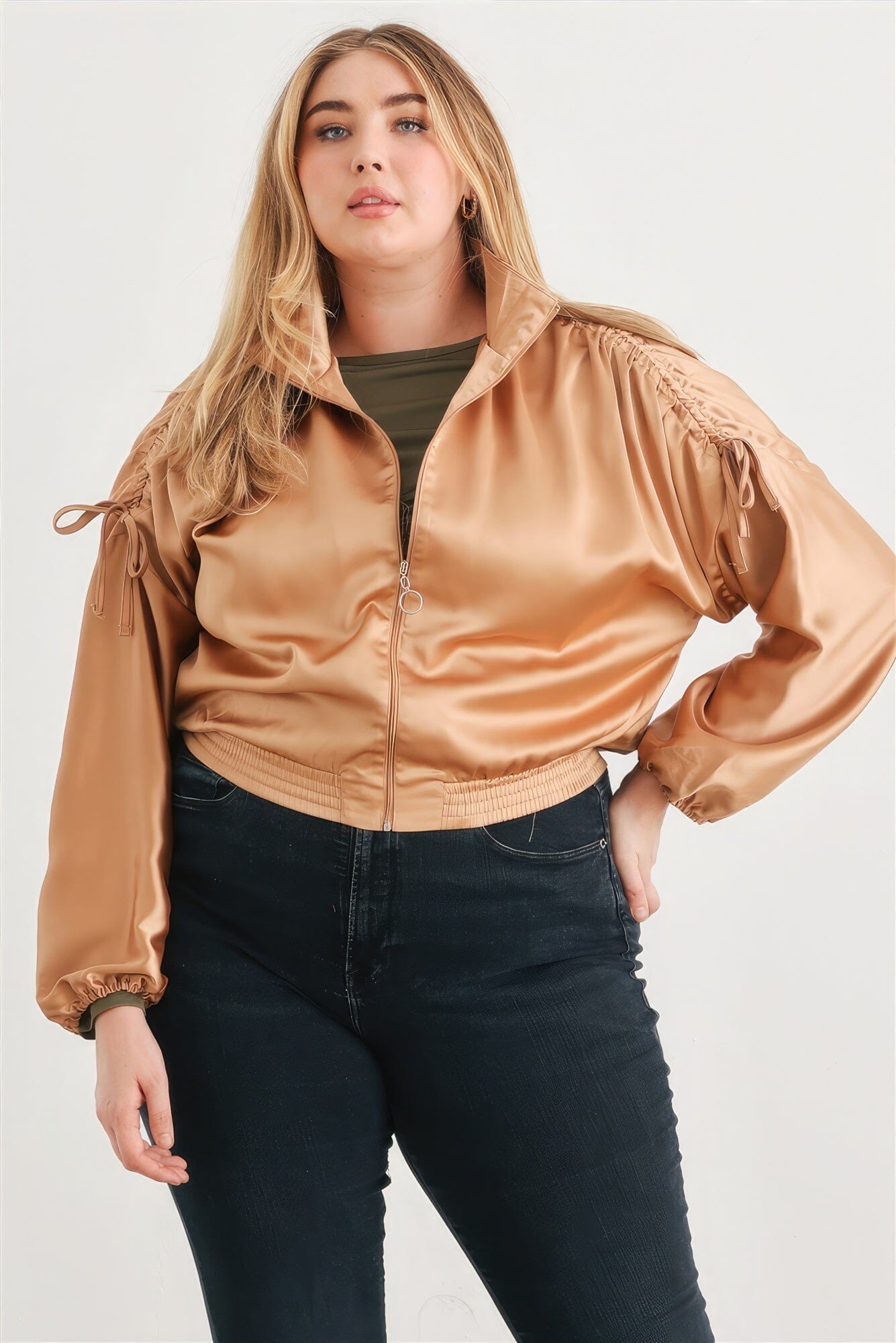 Plus Satin Zip-up Ruched Long Sleeve Cropped Bomber Jacket Outerwear jehouze Taupe 1XL 