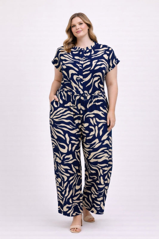 Plus Size Abstract Print Jumpsuit Jumpsuits & Rompers jehouze Navy blue XL 