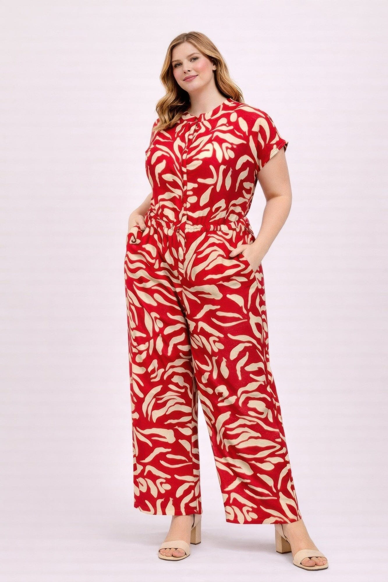 Plus Size Abstract Print Jumpsuit Jumpsuits & Rompers jehouze Red XL 