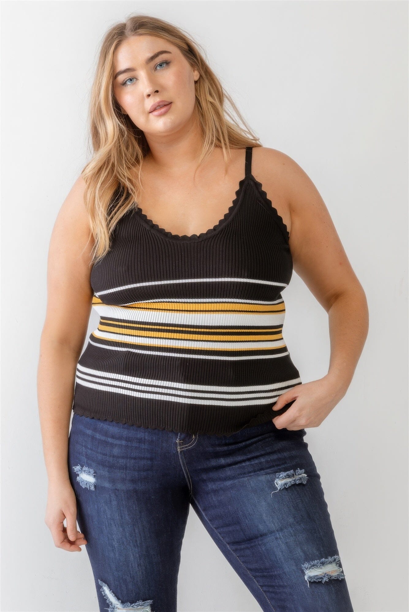 Plus Size Black Mustard Yellow Ribbed Ruffle Tank Top Shirts & Tops jehouze 