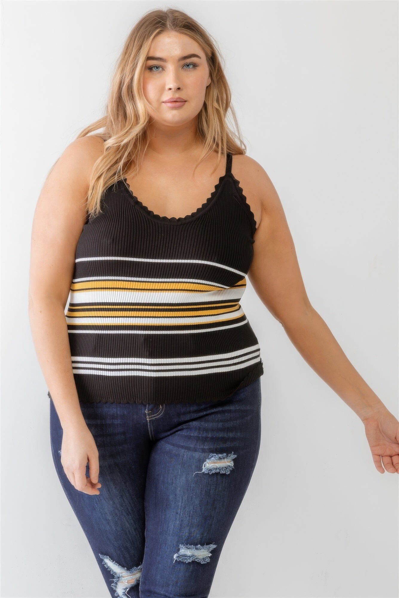 Plus Size Black Mustard Yellow Ribbed Ruffle Tank Top Shirts & Tops jehouze 