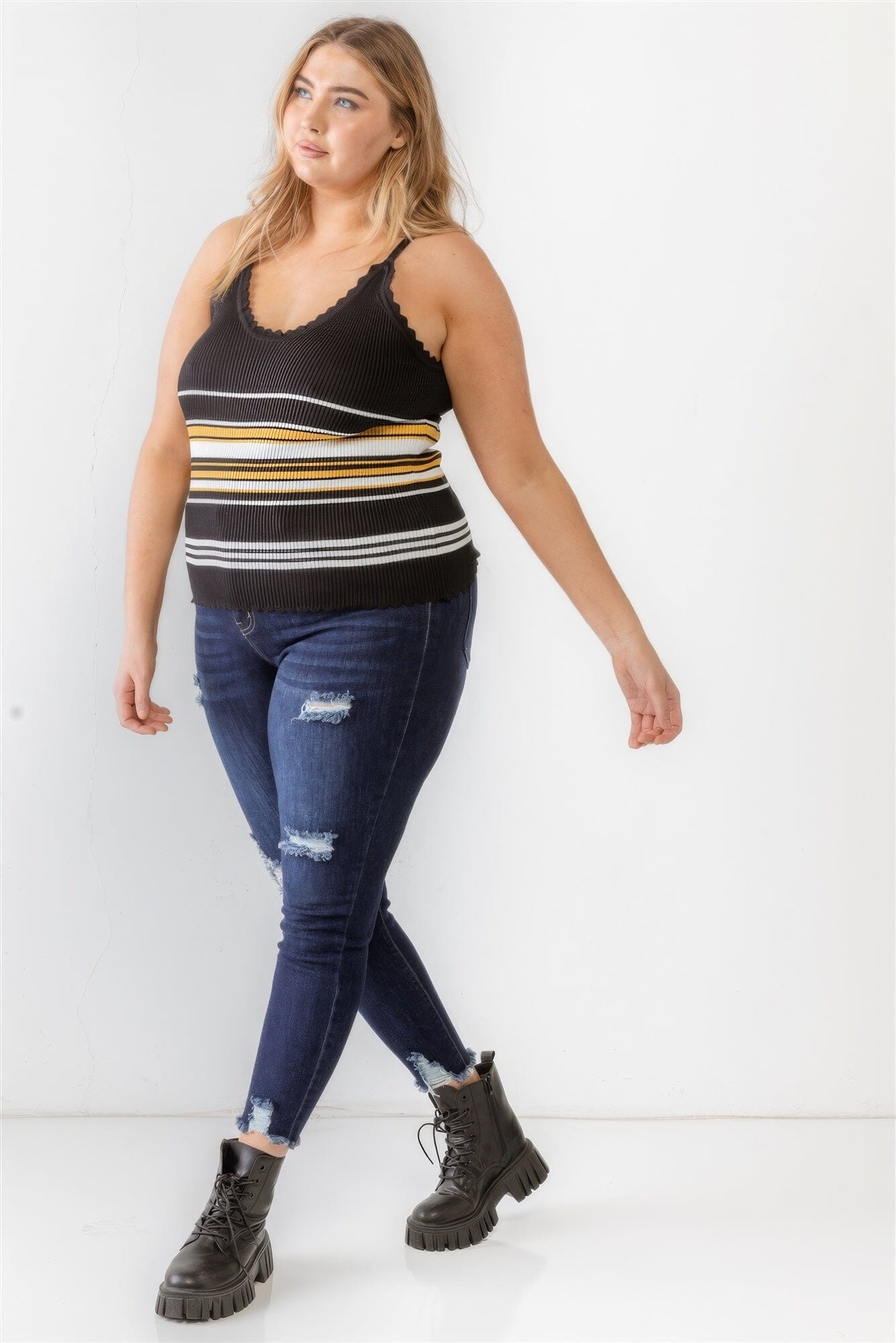 Plus Size Black Mustard Yellow Ribbed Ruffle Tank Top Shirts & Tops jehouze XL 