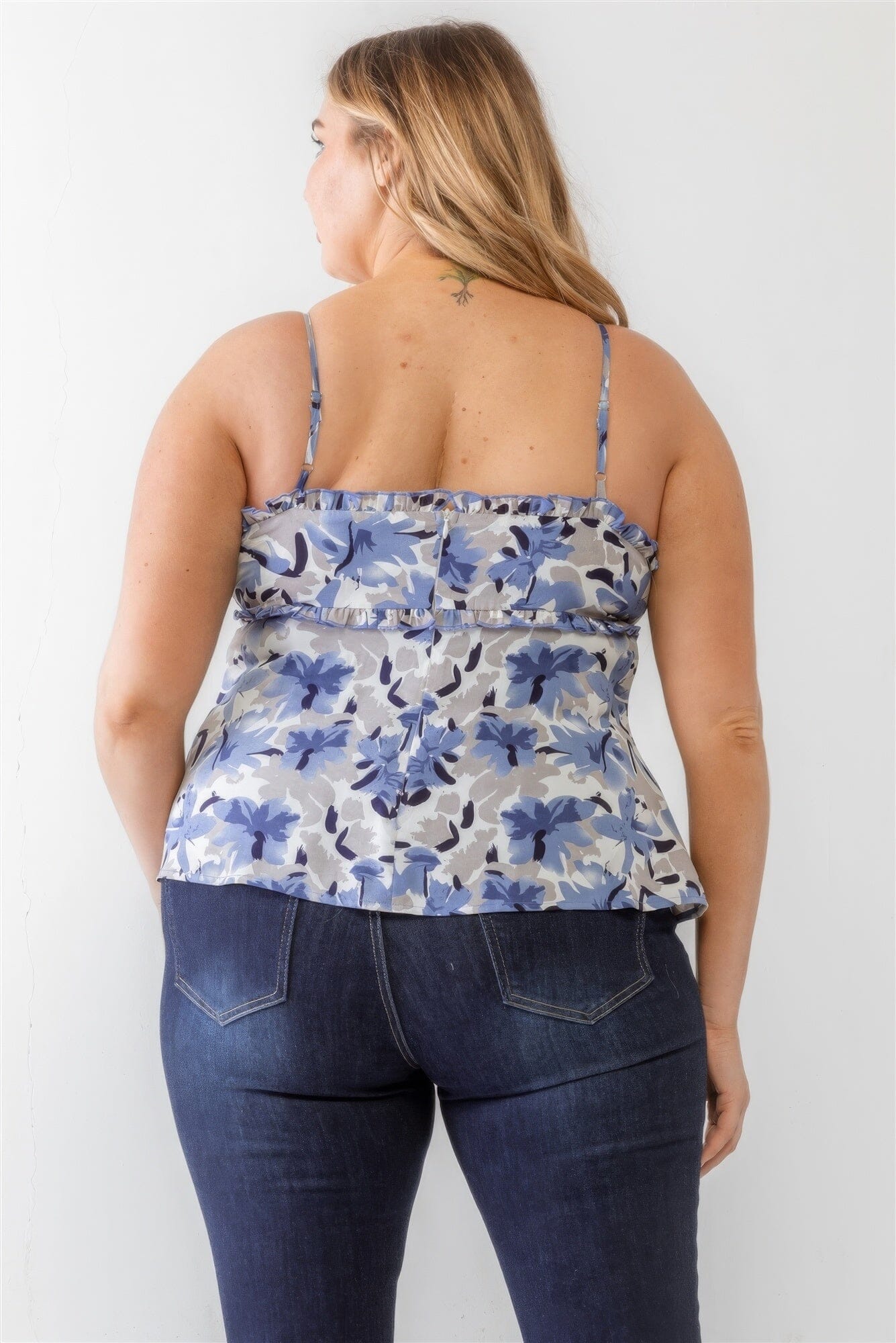 Plus Size Blue Floral Print Woven Ruffle Sleeveless Back Zipper Tank Top Shirts & Tops jehouze 