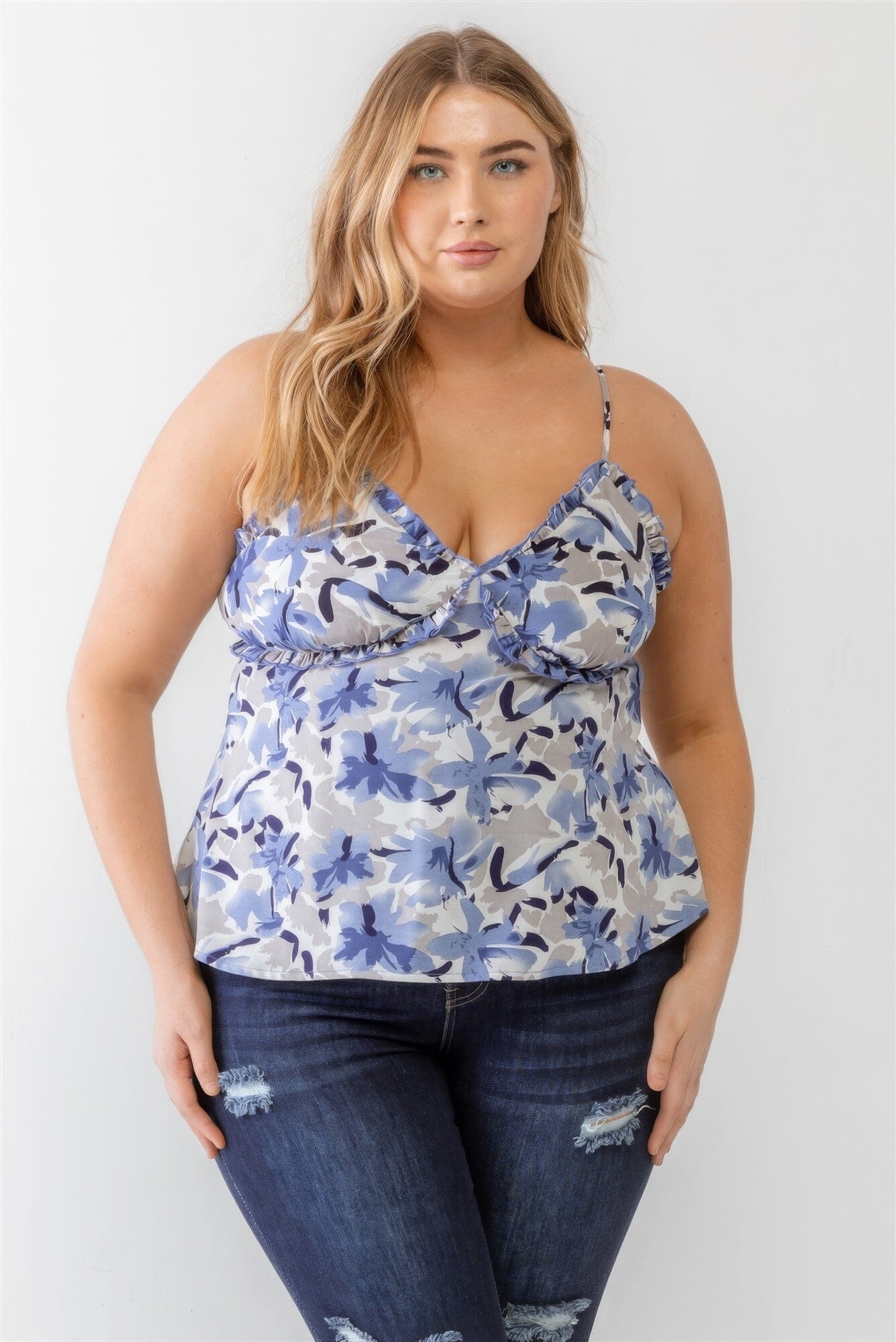 Plus Size Blue Floral Print Woven Ruffle Sleeveless Back Zipper Tank Top Shirts & Tops jehouze 