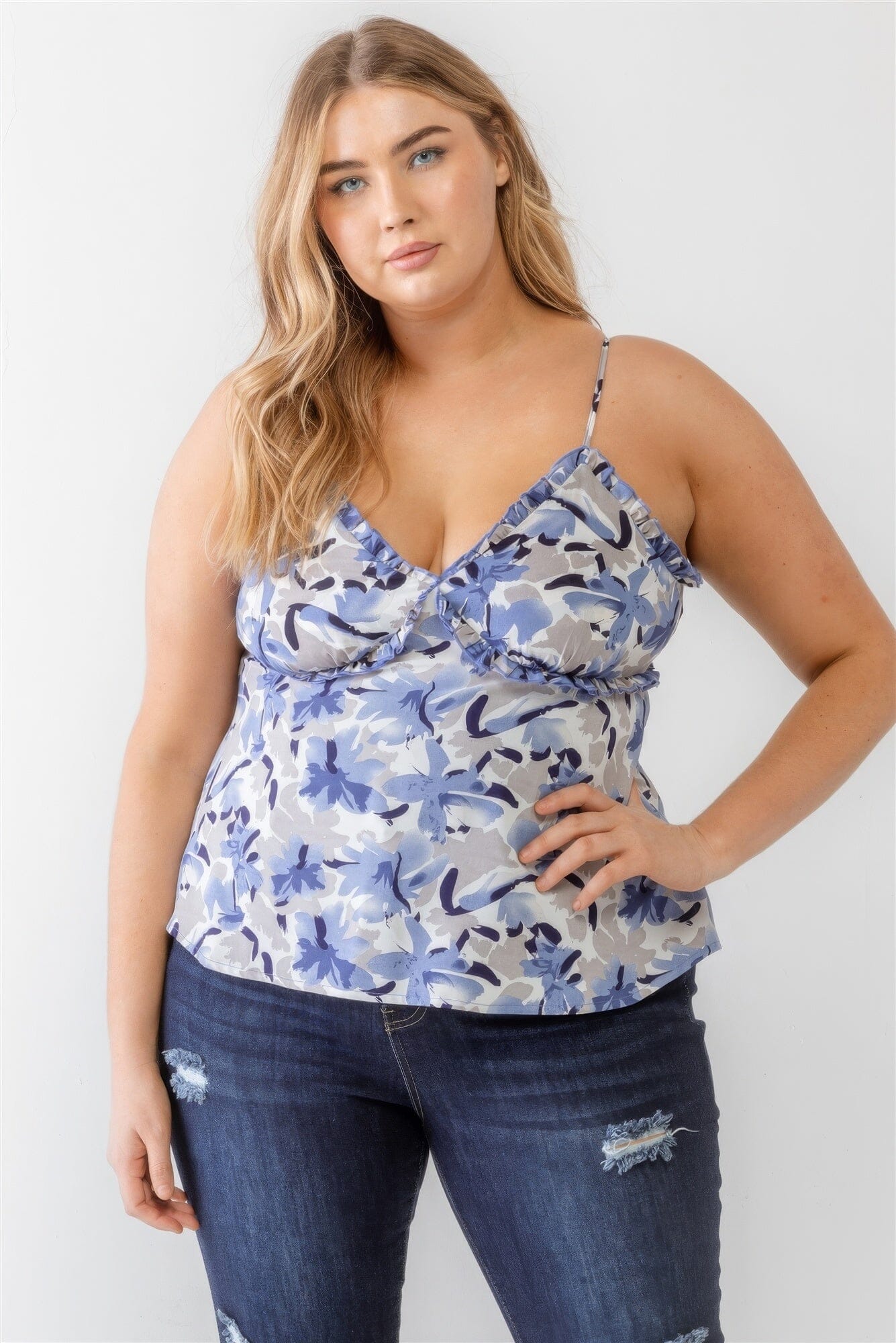 Plus Size Blue Floral Print Woven Ruffle Sleeveless Back Zipper Tank Top Shirts & Tops jehouze 