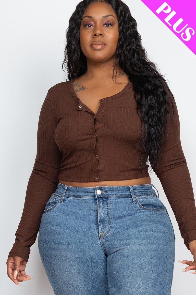 Plus Size Brown Button Down Long Sleeve Crop Basic Ribbed Knit Top Shirts & Tops jehouze 1XL 