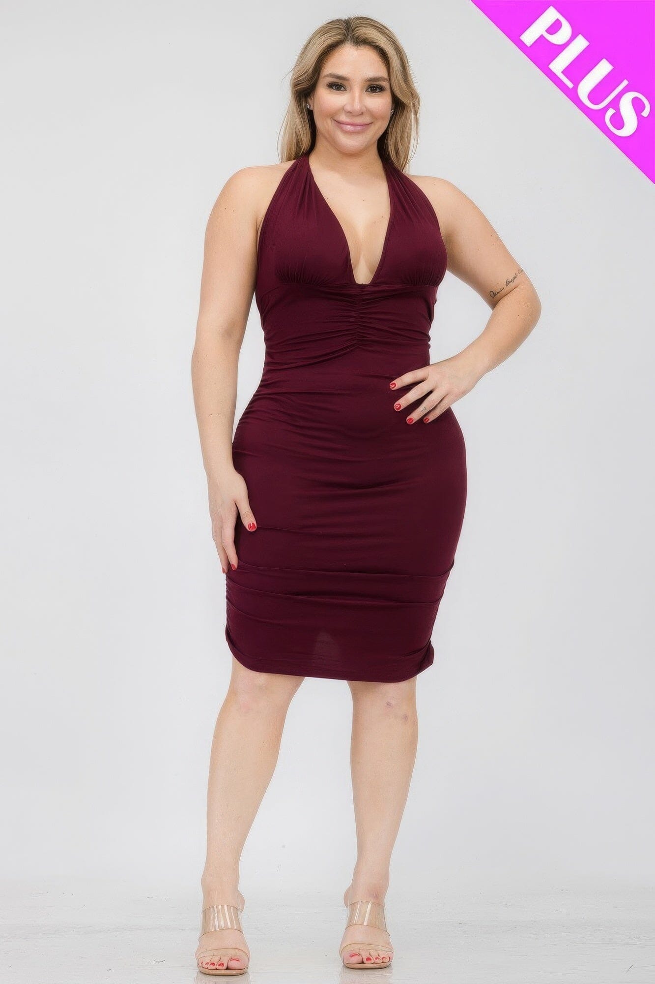 Plus Size Burgundy Deep Neck Crisscross Back Ruched Bodycon Clubwear Mini Dress Dresses jehouze 1XL 