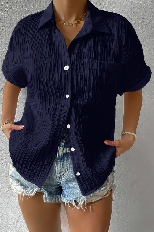Plus Size Button Down Lapel Pockets Loose Solid Shirt Shirts & Tops jehouze Navy 1XL 