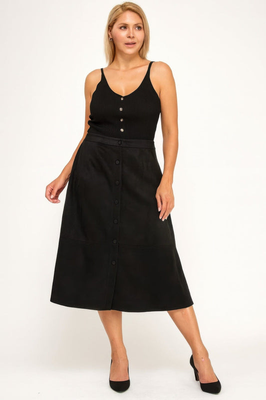 Plus Size Button-front Faux Suede Aline Midi Skirt Skirts jehouze 