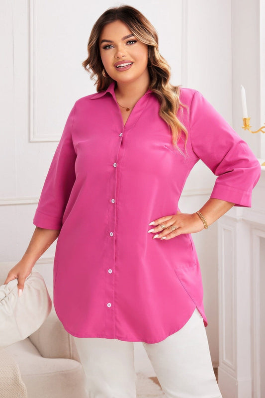 Plus Size Button Loose Fit Pockets Solid Shirt Shirts & Tops jehouze Fuschia XL 