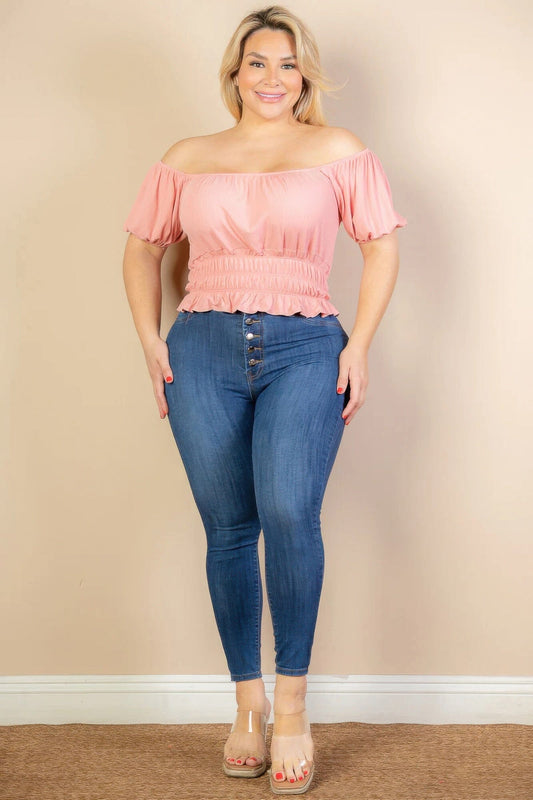 Plus size casual ruched puff sleeve ribbed knit solid top Shirts & Tops jehouze Blush 1XL 