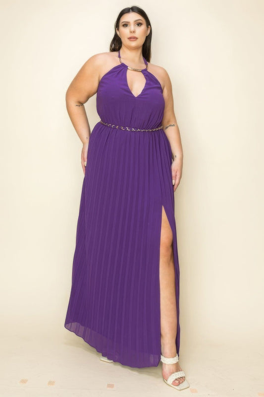 Plus Size Chiffon Pleated Gold Trim Neck & Belt Cut Out Chest Maxi Dress Dresses jehouze Purple 1XL 