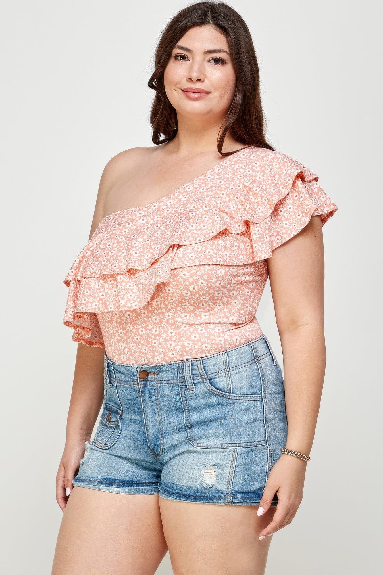 Plus Size Ditsy Floral One Shoulder Bodysuit Leotards & Unitards jehouze 