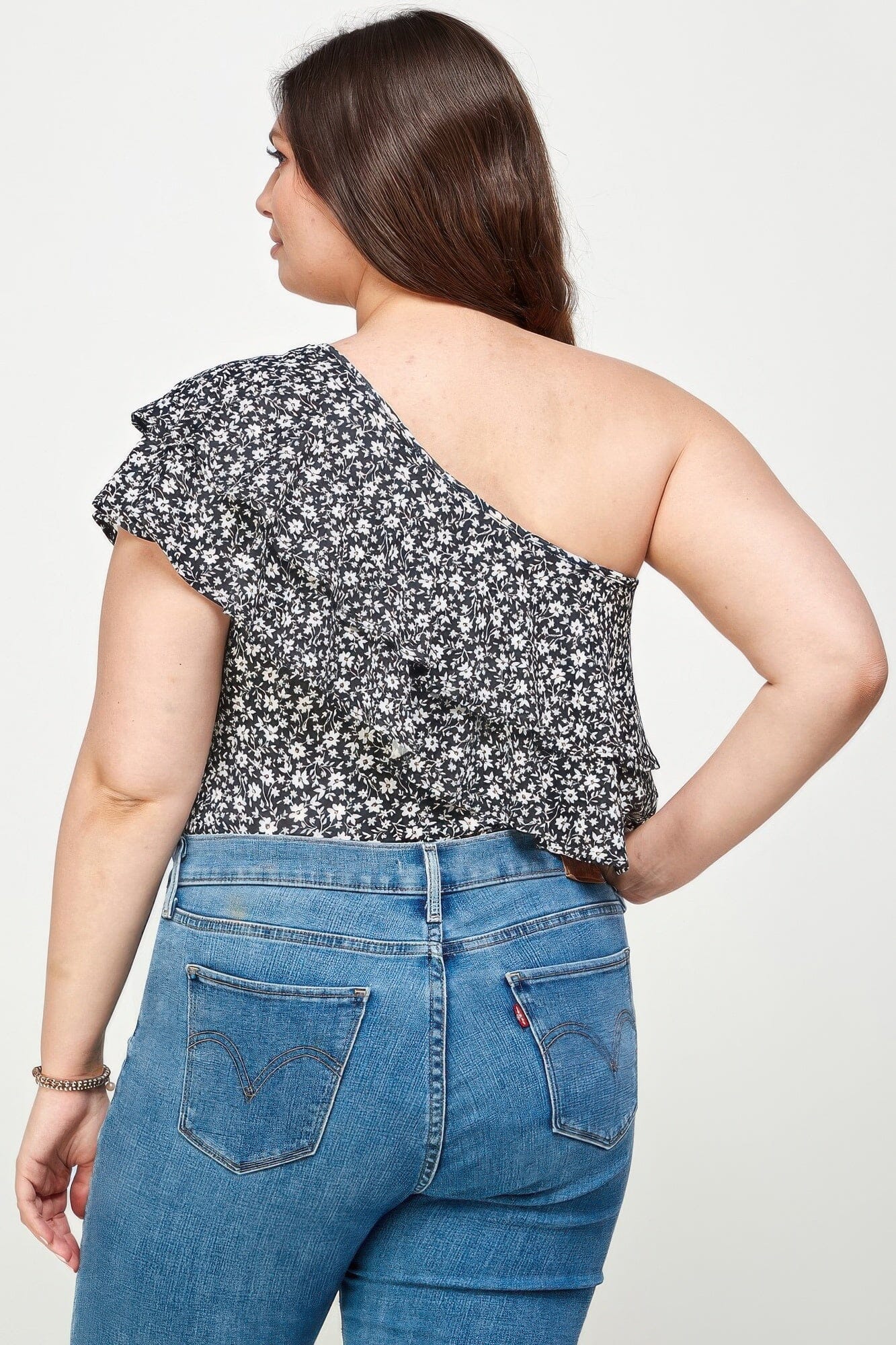Plus Size Ditsy Floral One Shoulder Bodysuit Leotards & Unitards jehouze 