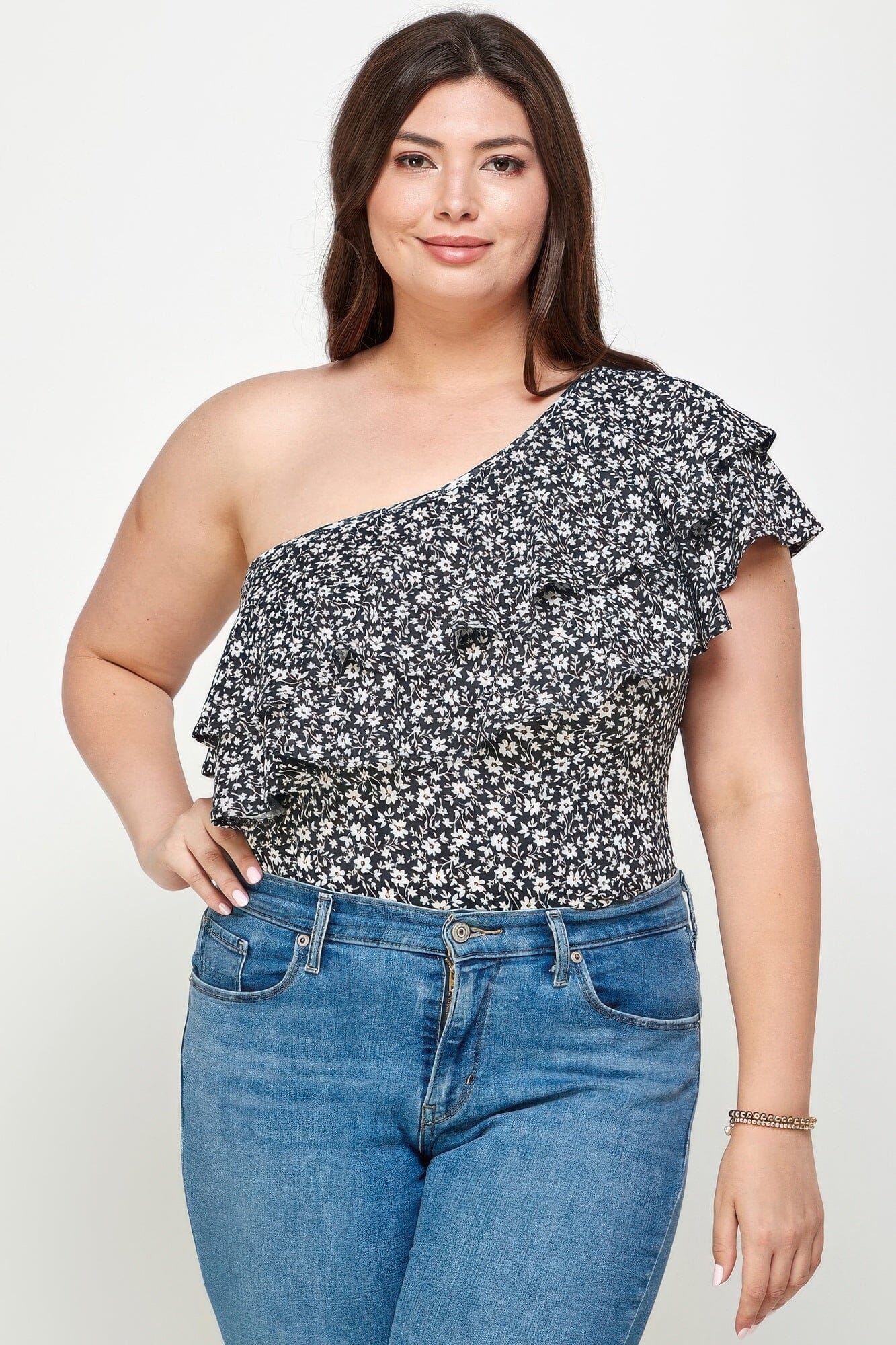 Plus Size Ditsy Floral One Shoulder Bodysuit Leotards & Unitards jehouze 