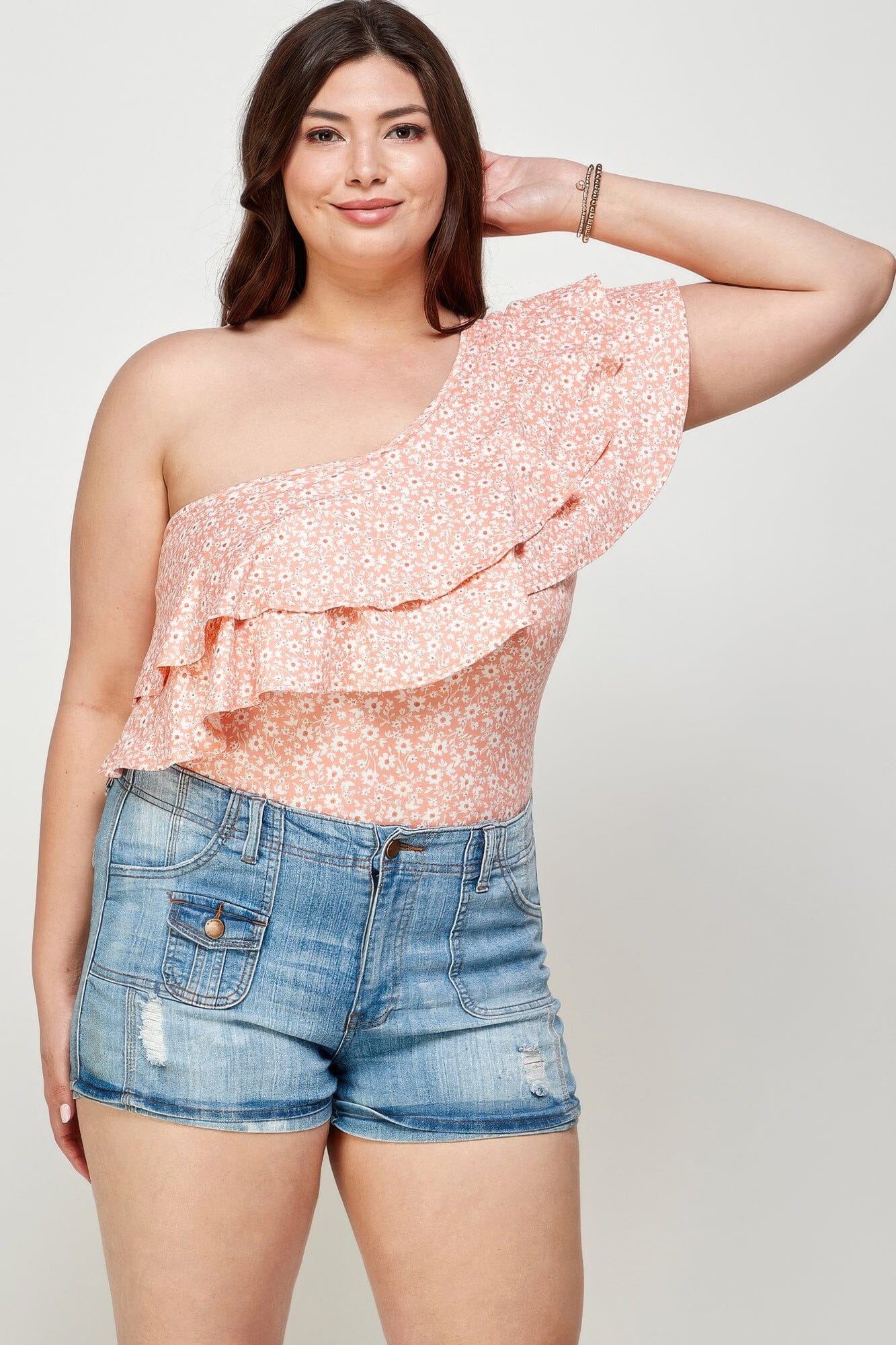 Plus Size Ditsy Floral One Shoulder Bodysuit Leotards & Unitards jehouze 