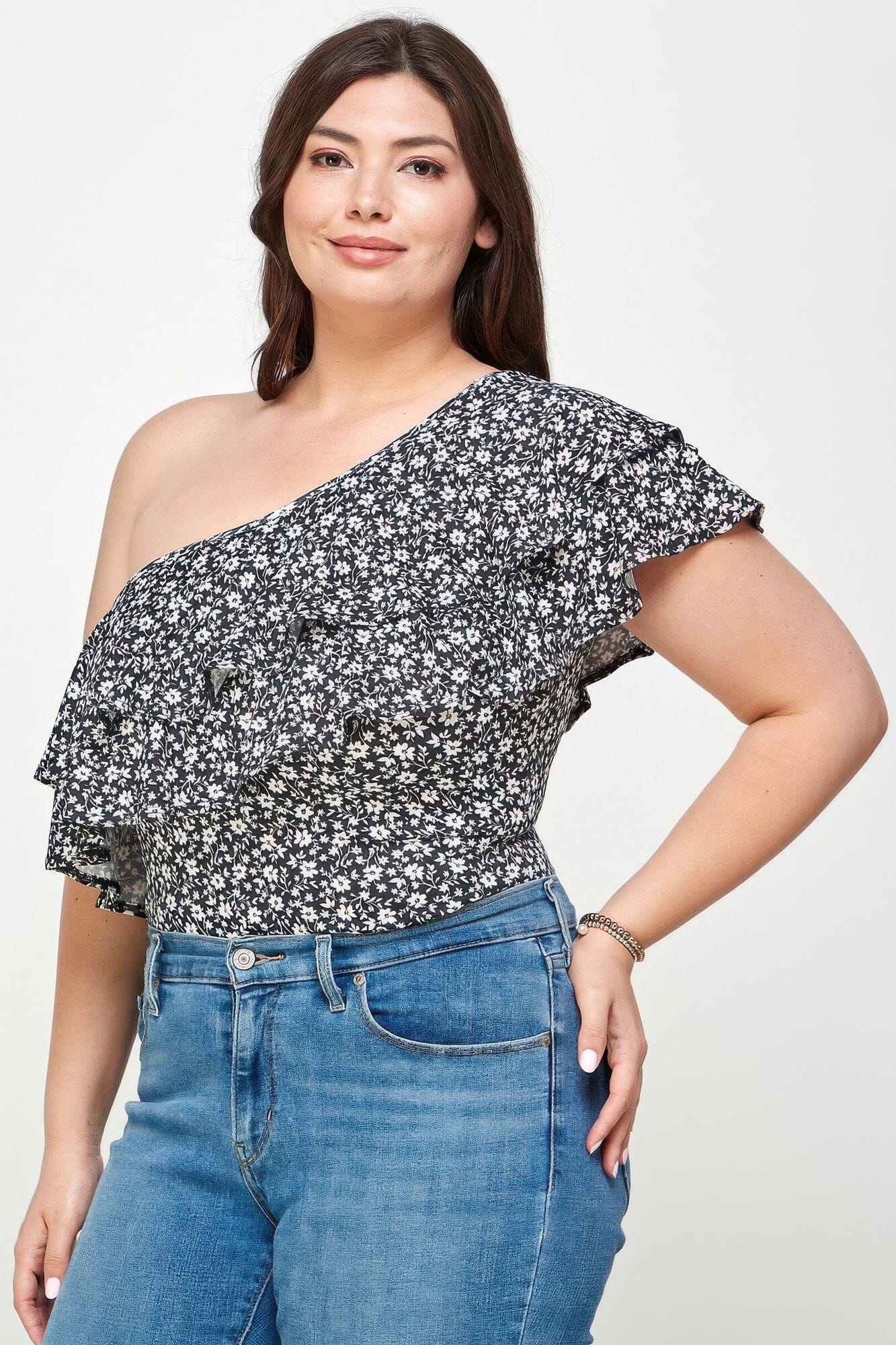 Plus Size Ditsy Floral One Shoulder Bodysuit Leotards & Unitards jehouze 