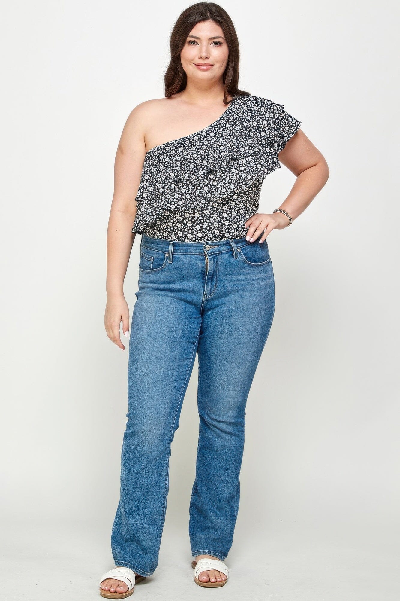 Plus Size Ditsy Floral One Shoulder Bodysuit Leotards & Unitards jehouze 