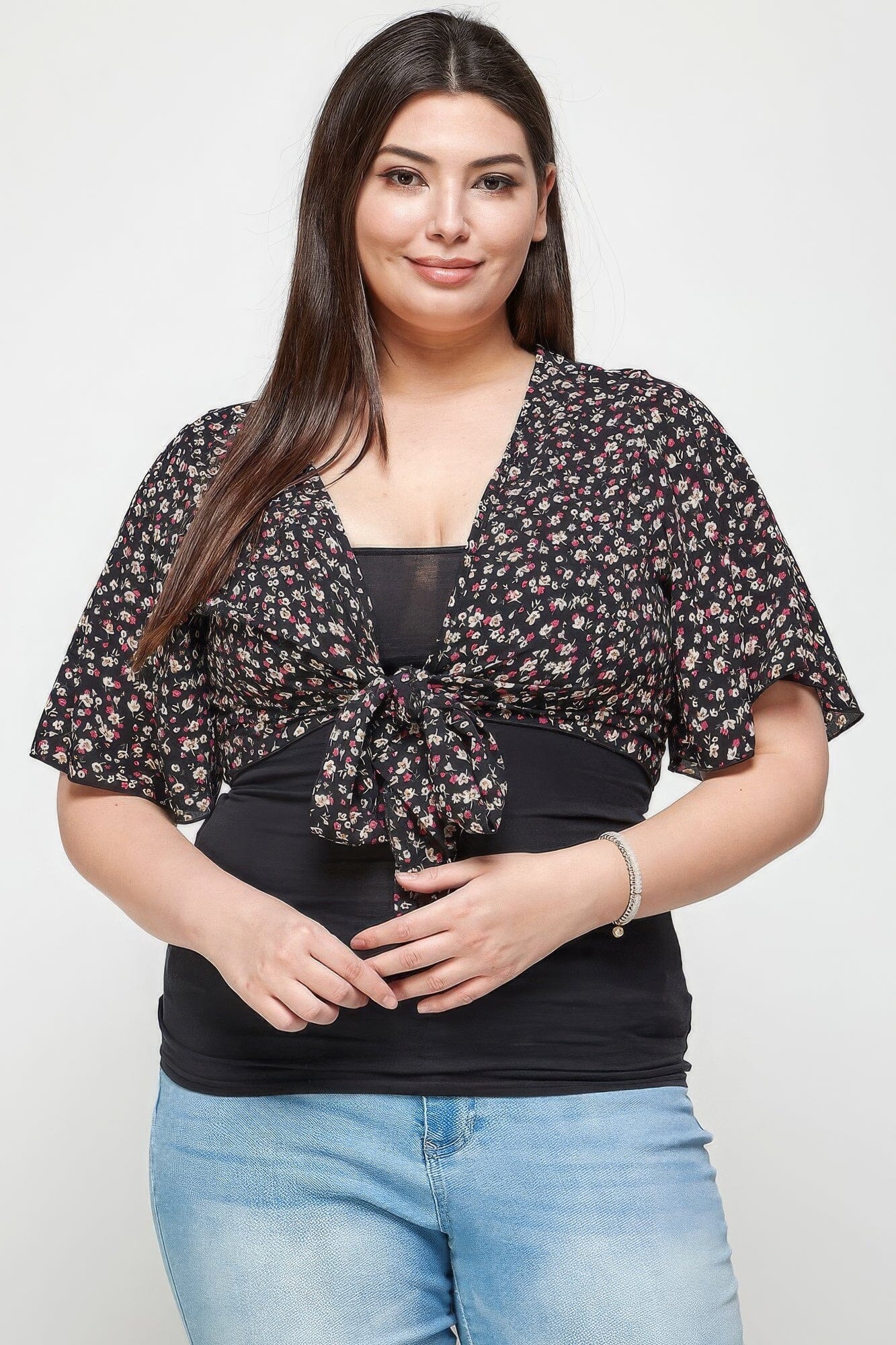 Plus Size Ditsy Floral Print Cropped Bolero Cardigan_ Outerwear jehouze Black 1XL 