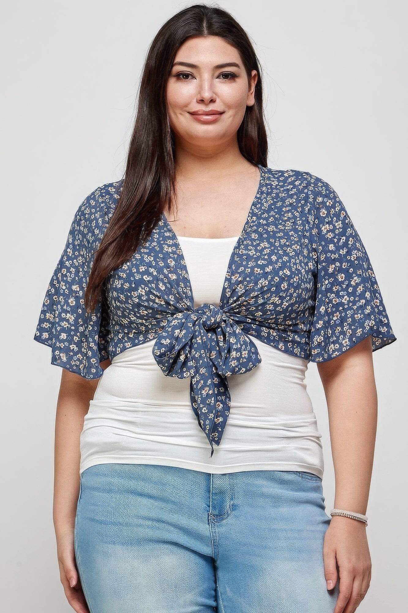 Plus Size Ditsy Floral Print Cropped Bolero Cardigan_ Outerwear jehouze Denim 1XL 