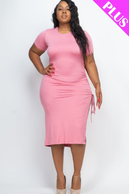 Plus Size Drawstring Ruched Side Split Hem Midi Dress Dresses jehouze Polignac 1XL 
