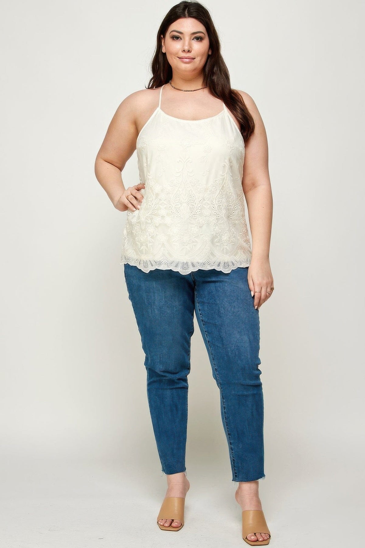 Plus Size Embroidered Mesh T-back Cami Shirts & Tops jehouze 1XL 