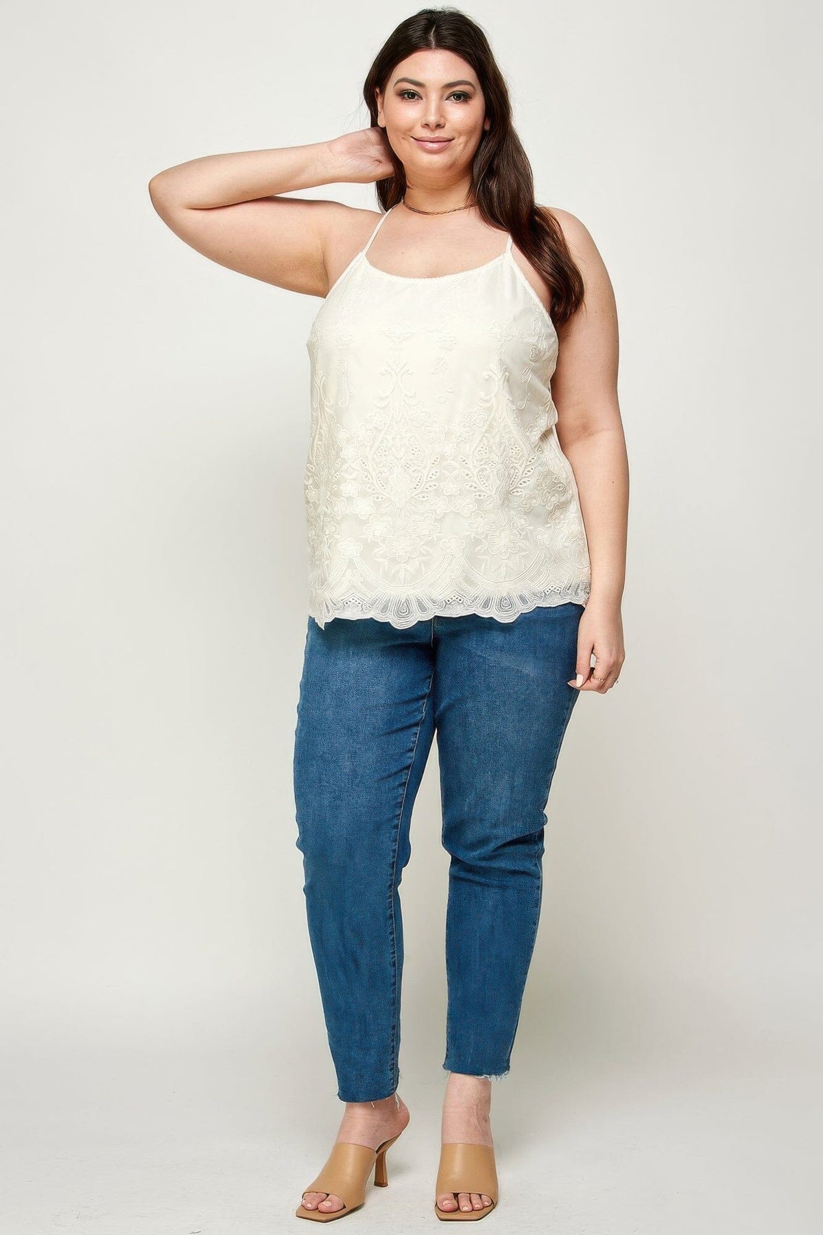 Plus Size Embroidered Mesh T-back Cami Shirts & Tops jehouze 