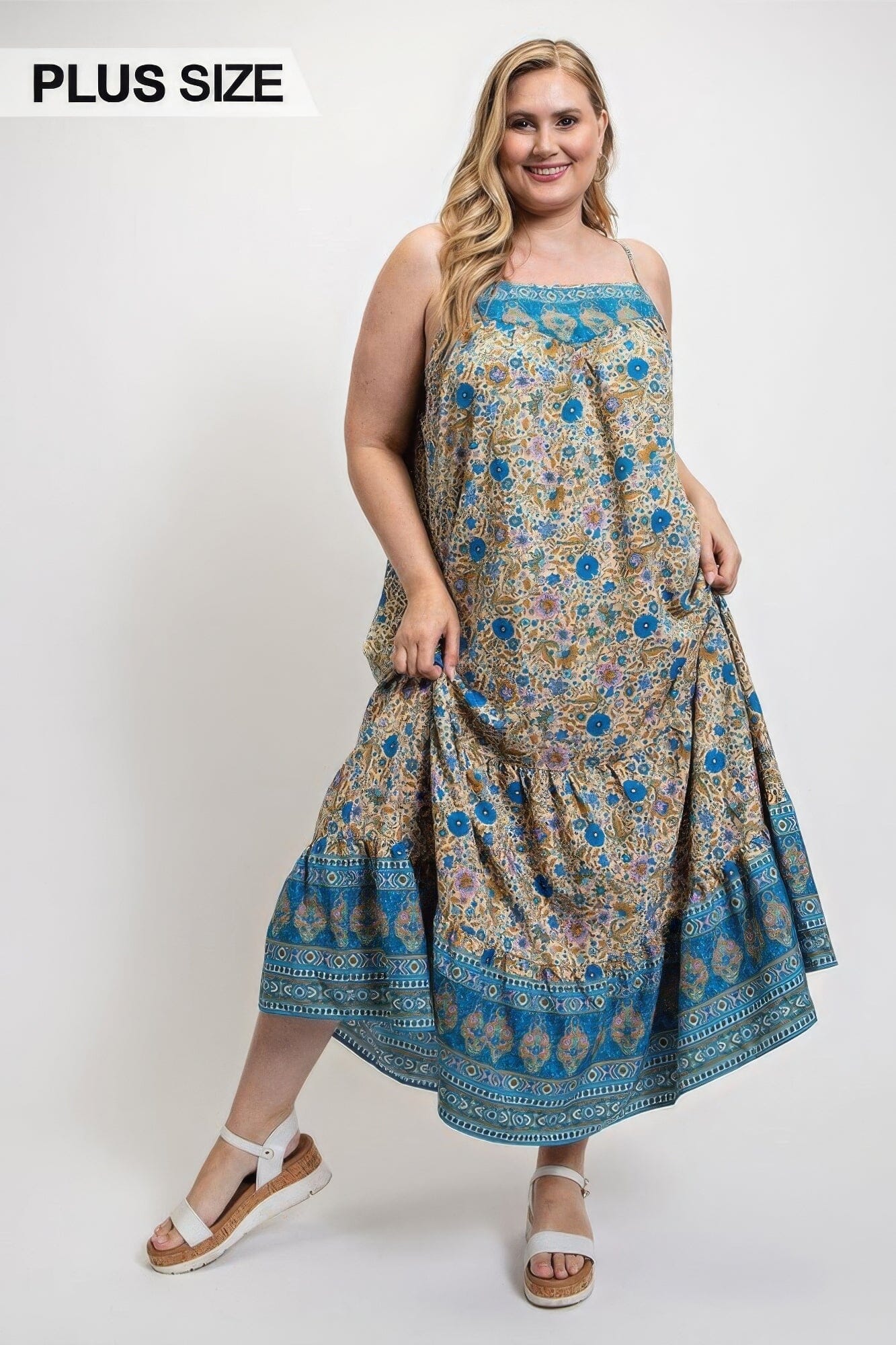 Plus Size Floral And Aztec Print Drop Down Maxi Dress With Spaghetti Strap Dresses jehouze 