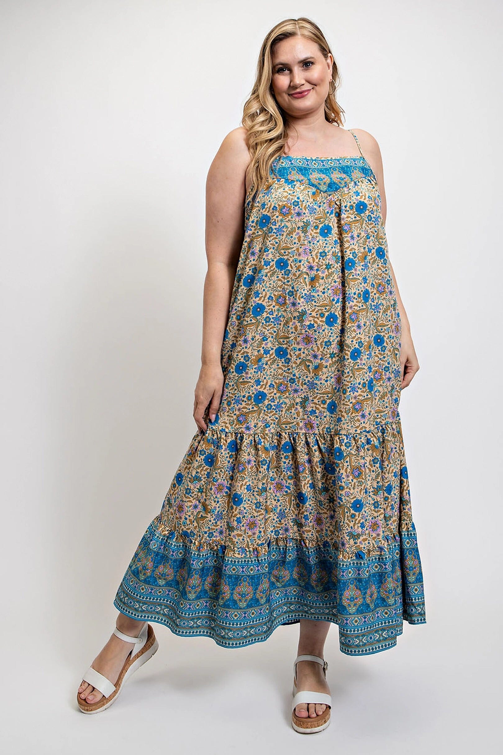 Plus Size Floral And Aztec Print Drop Down Maxi Dress With Spaghetti Strap Dresses jehouze XL 