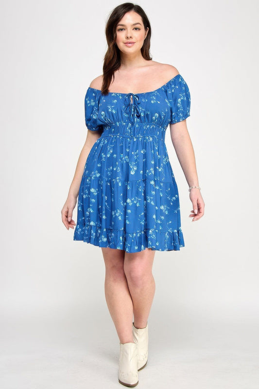 Plus Size Floral Front-tie Elastic Waist Ruffle Dress Dresses jehouze 1XL 