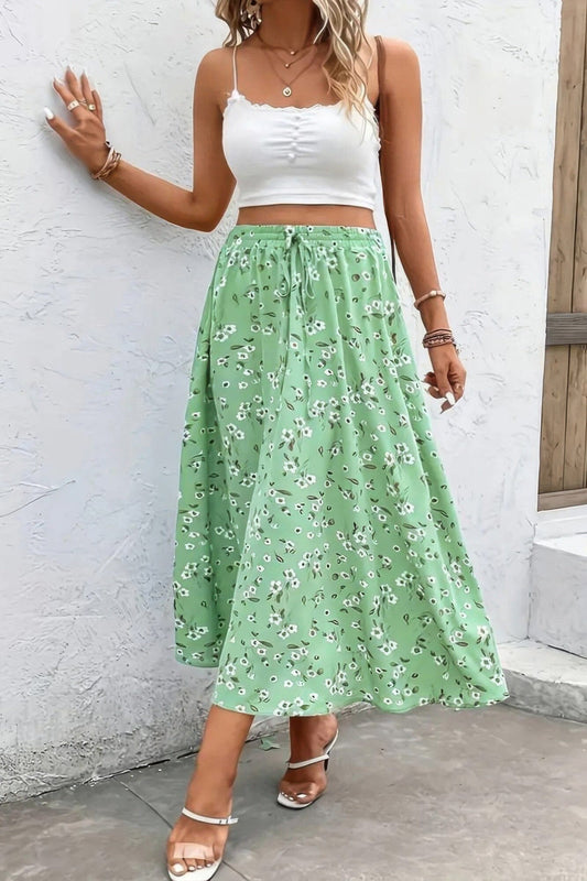 Plus Size Floral Print Drawstring Waist Fit Skirt Skirts jehouze Green 1XL 