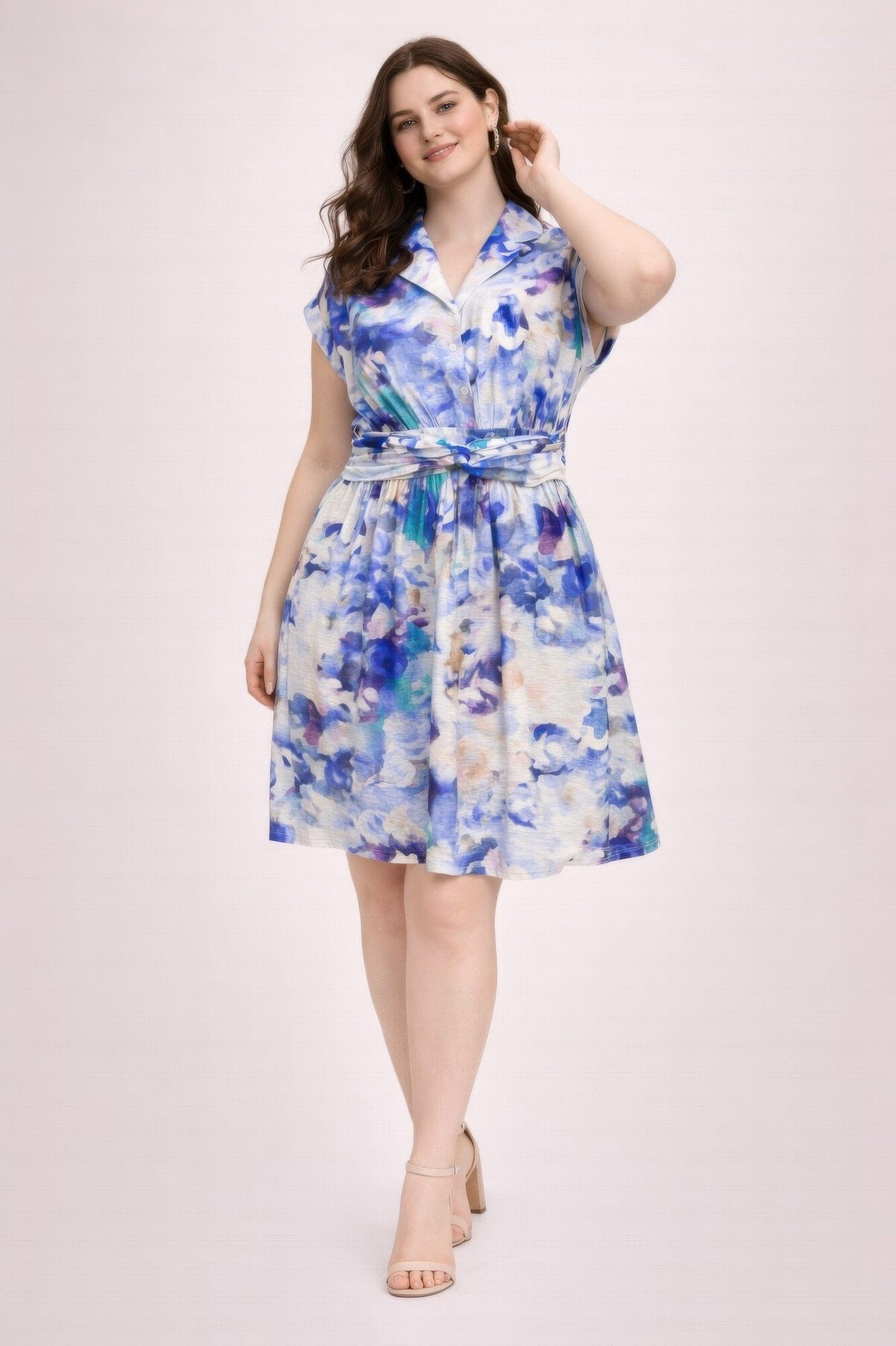 Plus Size Floral Waist Tie Shirt Dress jehouze Blue XL 