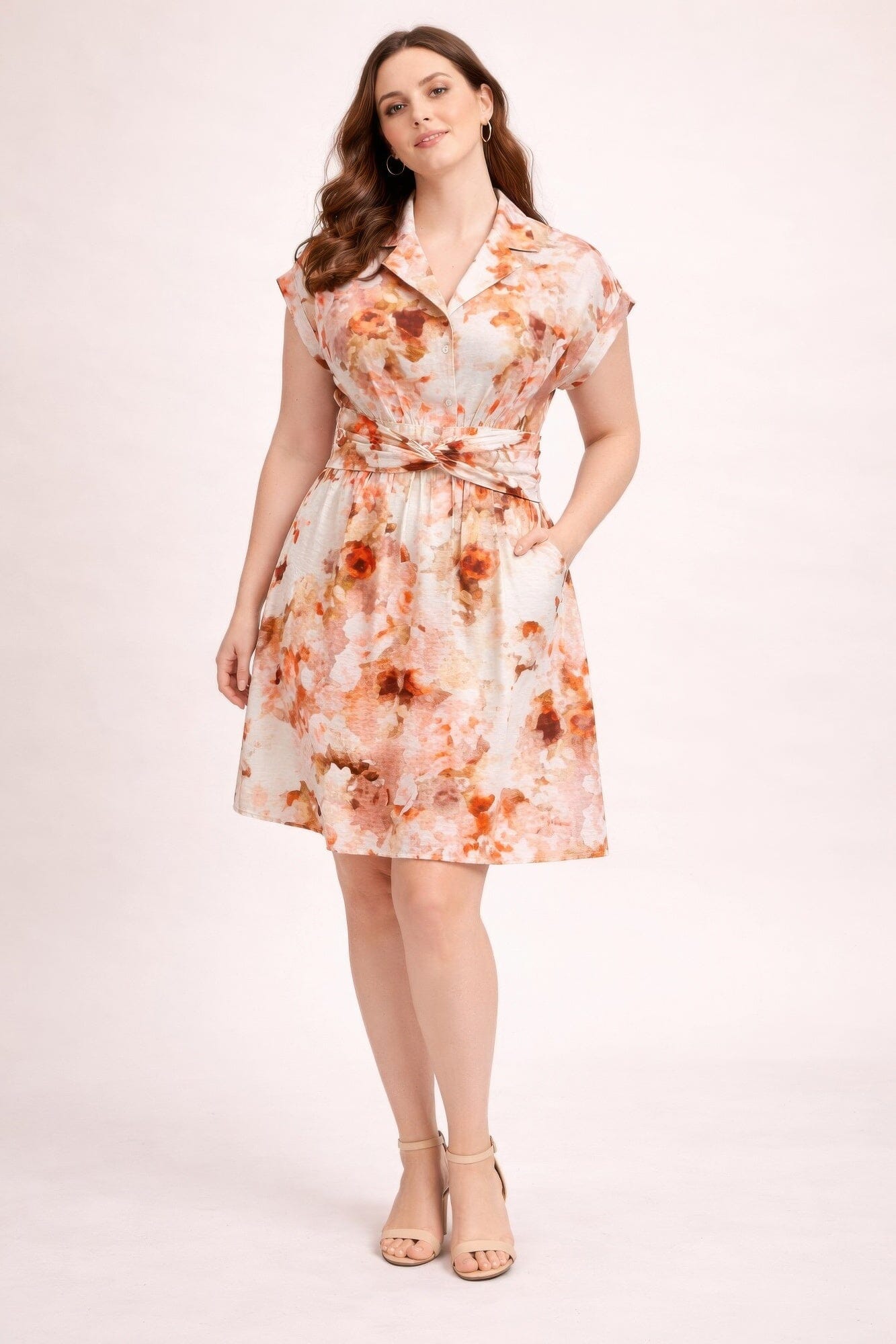Plus Size Floral Waist Tie Shirt Dress jehouze Brown XL 