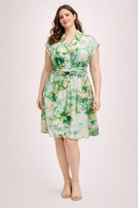Plus Size Floral Waist Tie Shirt Dress jehouze Green XL 