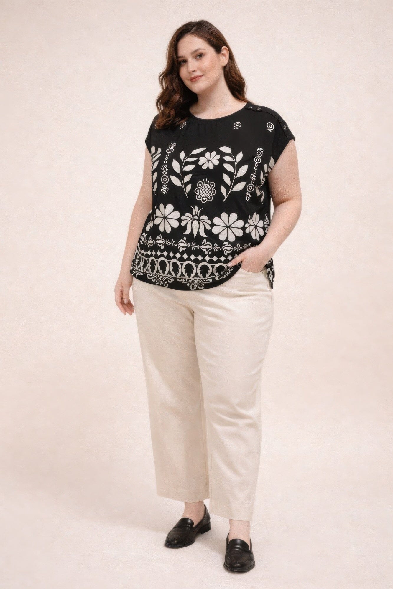 Plus Size Folk Floral Border Print Button-shoulder Top Shirts & Tops jehouze Black XL 
