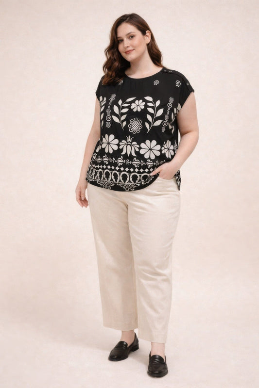 Plus Size Folk Floral Border Print Button-shoulder Top Shirts & Tops jehouze Black XL 