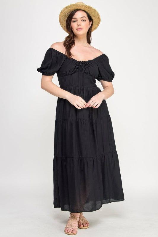 Plus Size Front Tie Puff Sleeve Tired Maxi Dress Dresses jehouze 