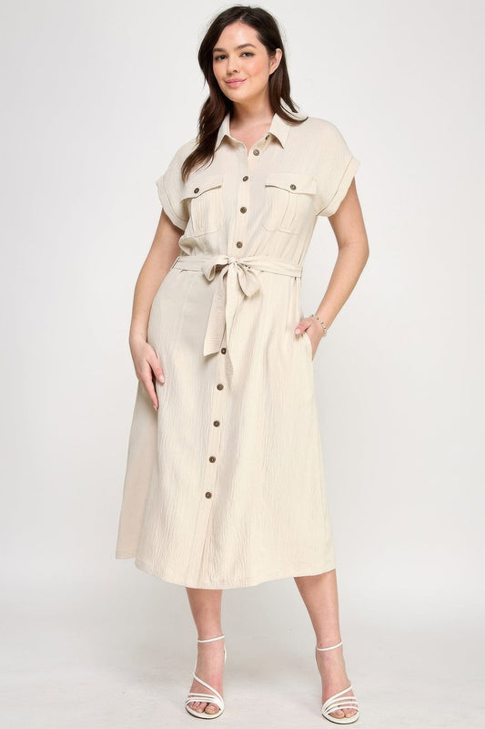 Plus Size Front Tied Buttoned Short Sleeve Midi Dress Dresses jehouze 