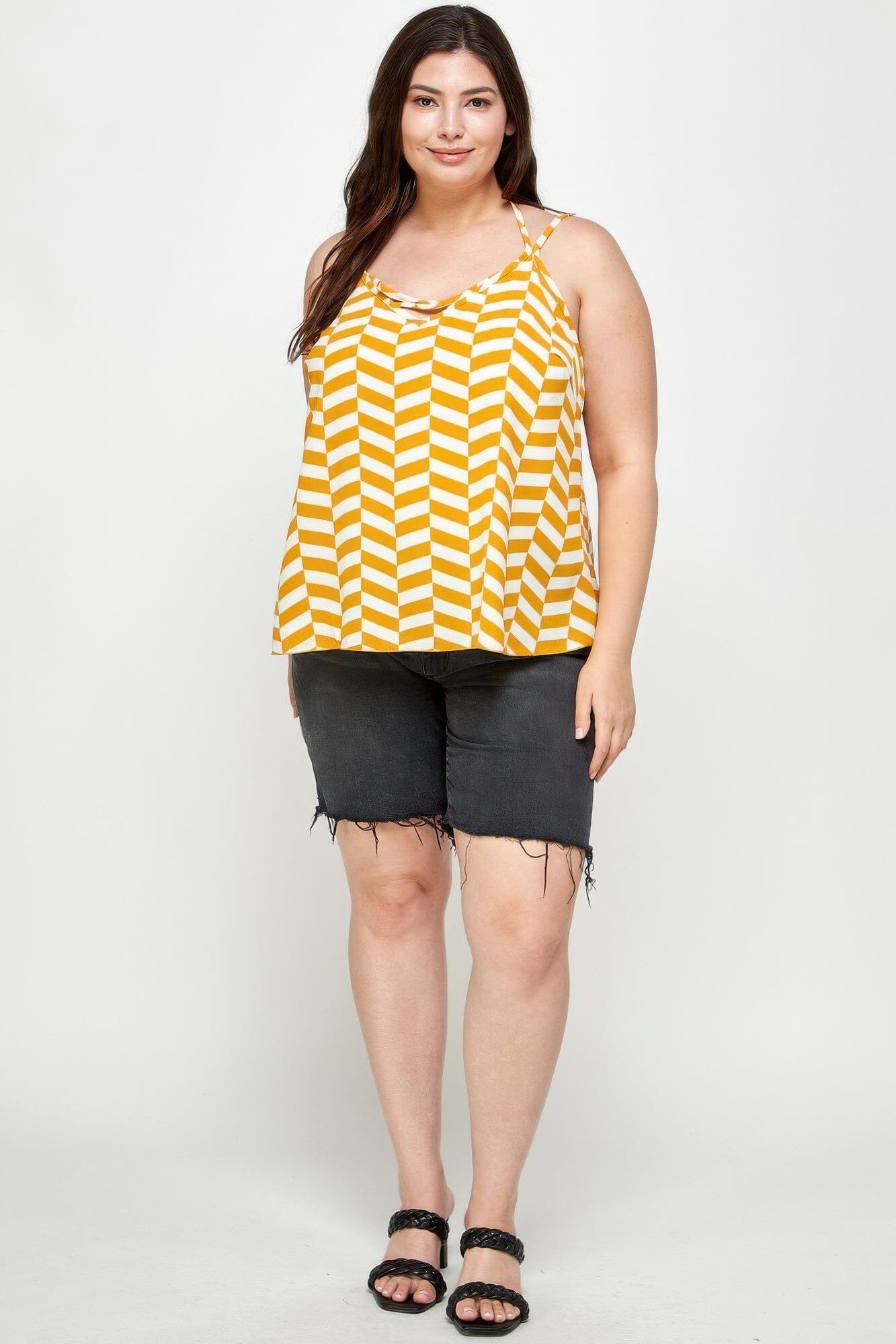 Plus Size Geometric Top With Double Spaghetti Strap Shirts & Tops jehouze 