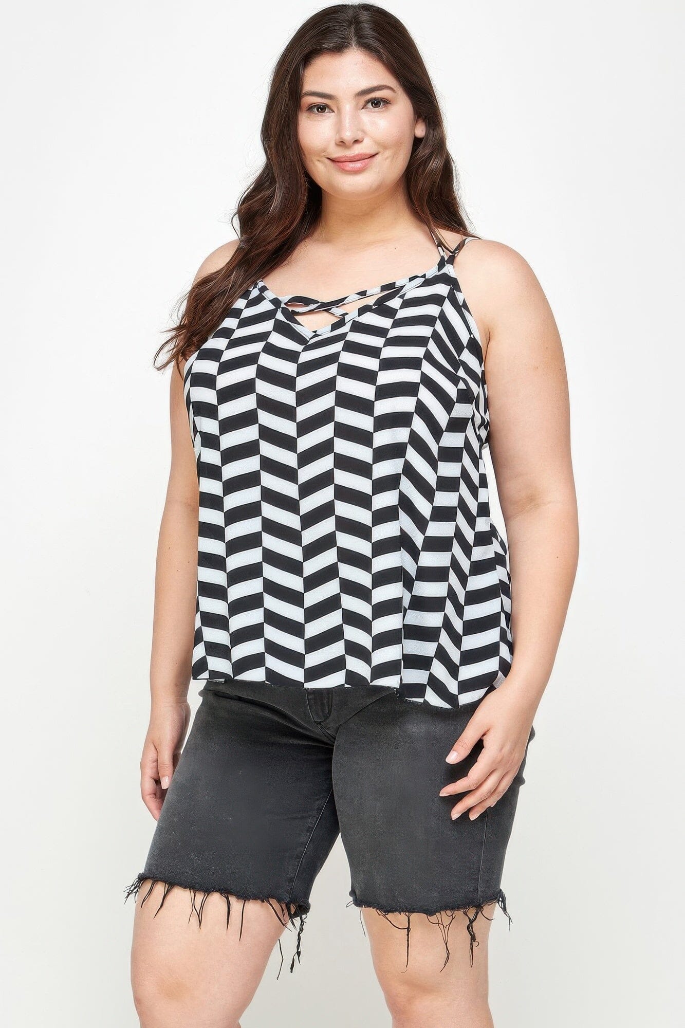 Plus Size Geometric Top With Double Spaghetti Strap Shirts & Tops jehouze 