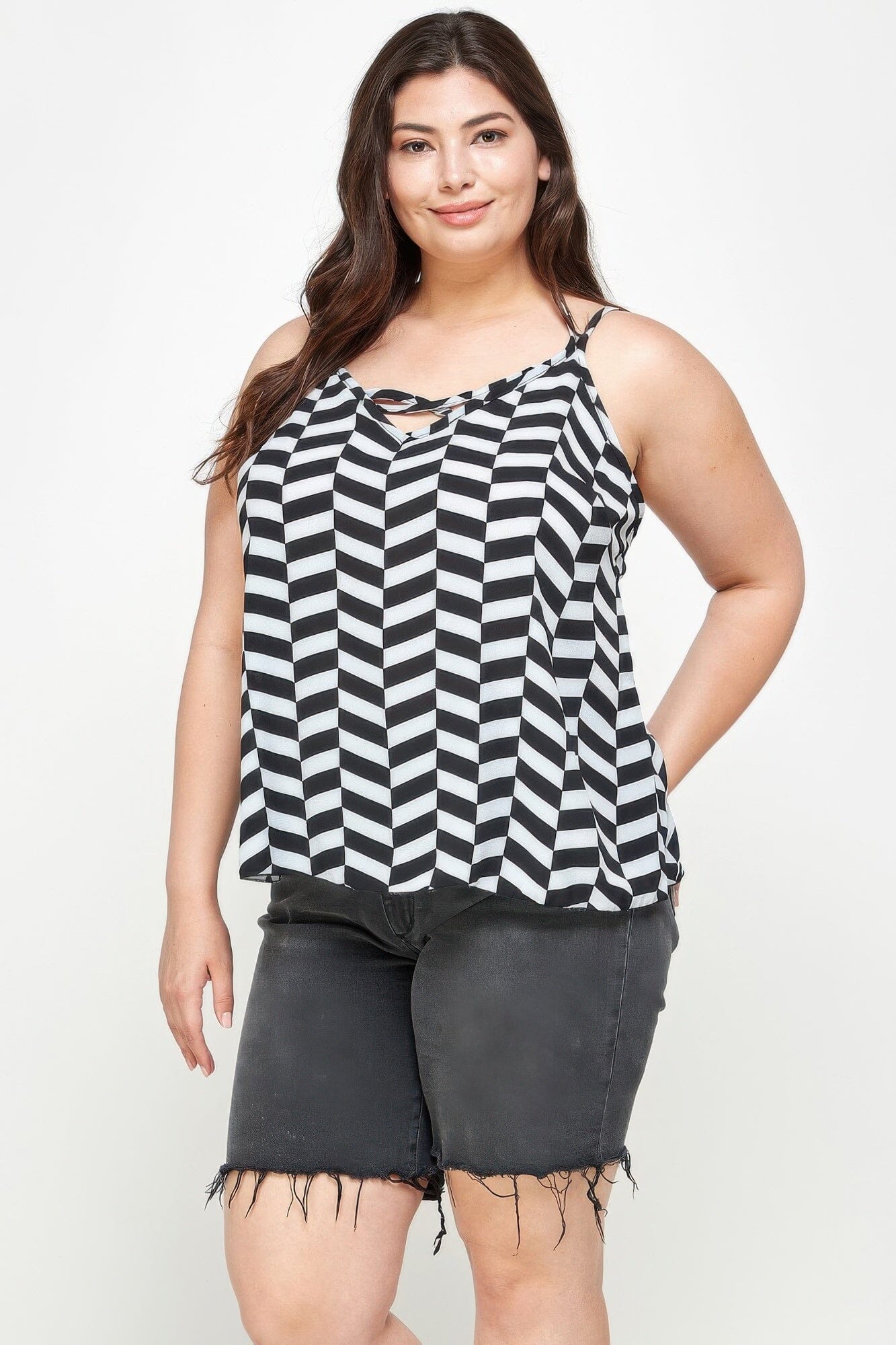 Plus Size Geometric Top With Double Spaghetti Strap Shirts & Tops jehouze 