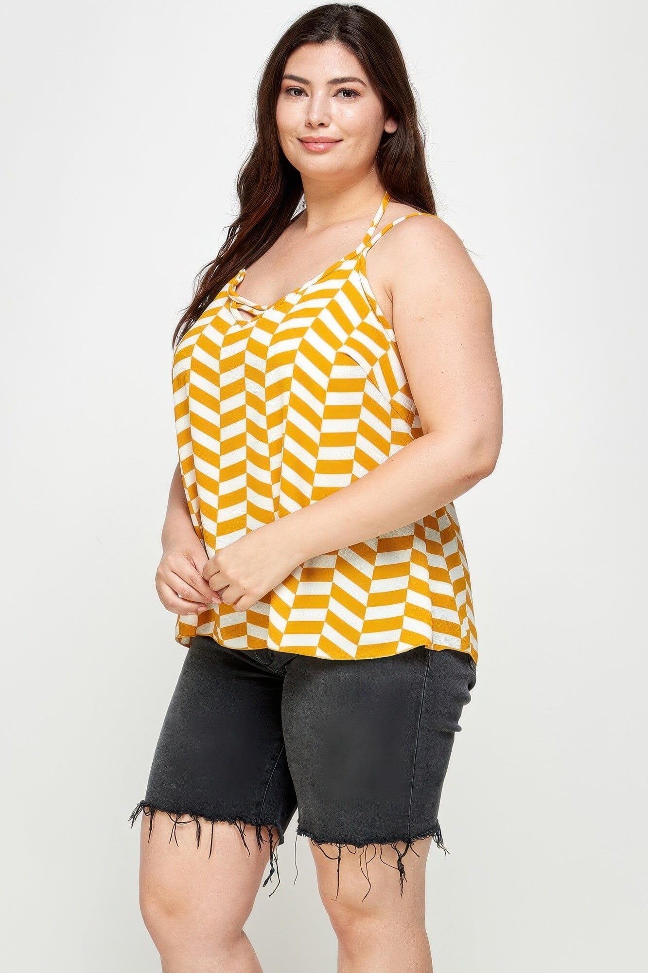 Plus Size Geometric Top With Double Spaghetti Strap Shirts & Tops jehouze 